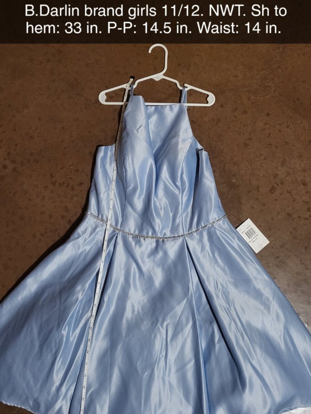 B Darlin blue satin/shiny corset back dress